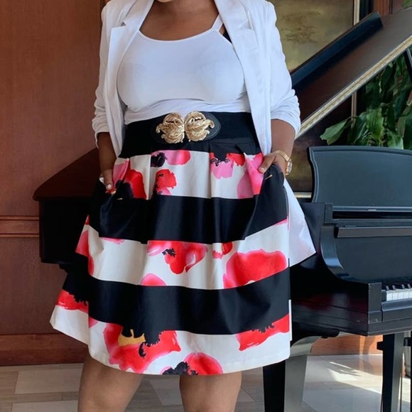 City Chic Black & White Stripe Floral A-Line Skirt - Picture 3 of 10